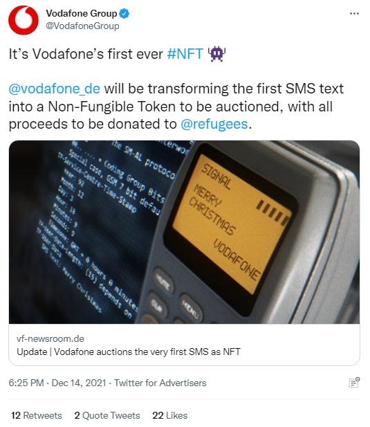 英國沃達豐公司也表示，計劃將拍賣所得全部捐贈給聯(lián)合國難民署，以支持那些被迫逃離家園的人。(圖片來源：英國沃達豐公司社交媒體截圖)