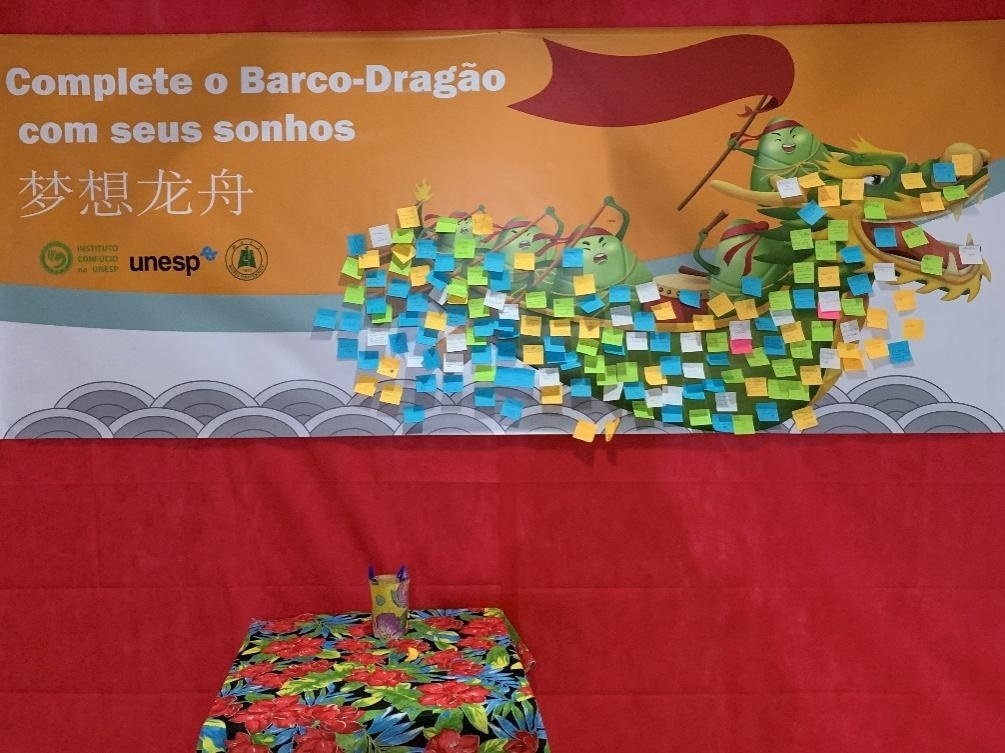 活動現(xiàn)場設(shè)置了“夢想龍舟”環(huán)節(jié)，大家將自己寫下的心愿貼在“龍舟”上，期盼“龍舟”承載自己的夢想駛向更美好的未來。（圣保羅州立大學(xué)孔子學(xué)院供圖）