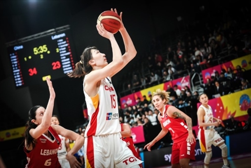 中國(guó)女籃隊(duì)員韓旭籃下進(jìn)攻。圖片來(lái)源：國(guó)際籃聯(lián)