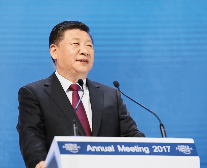 2017年1月17日，習(xí)近平主席在瑞士達(dá)沃斯國(guó)際會(huì)議中心出席世界經(jīng)濟(jì)論壇2017年年會(huì)開(kāi)幕式，并發(fā)表題為《共擔(dān)時(shí)代責(zé)任 共促全球發(fā)展》的主旨演講。