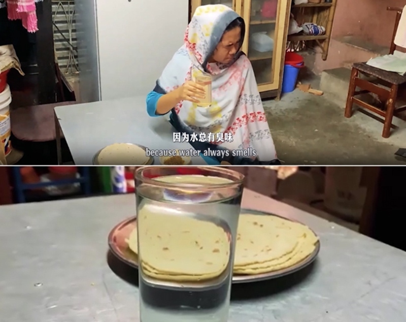 圖為紀實短片截圖：上圖為水質未改善前，飲用水發(fā)黃渾濁；下圖為水廠建成后，飲用水水質明顯改善，清澈透明。