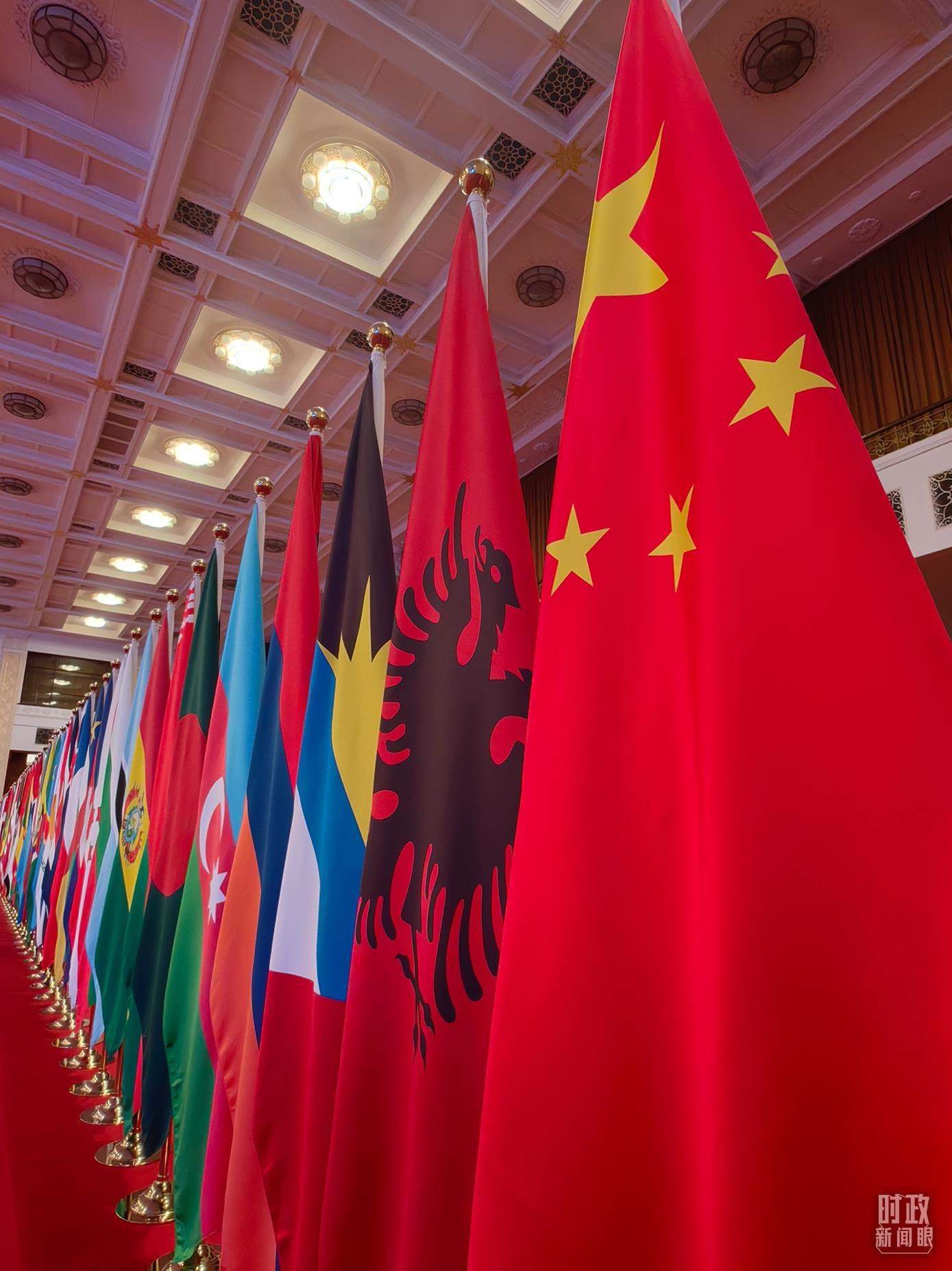 △開幕式會場內整齊排列的旗幟。（總臺央視記者楊波拍攝）