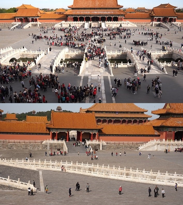 上午9時(shí)和下午13時(shí)的太和門廣場(chǎng)客流對(duì)比。故宮博物院供圖