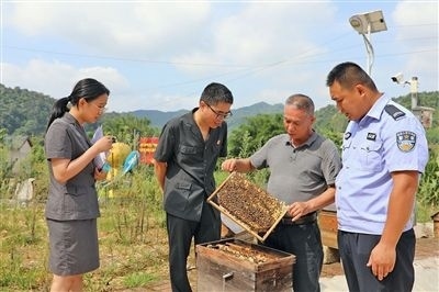  圖②：蒙山法院黃村法庭法官深入蜂蜜合作社，實(shí)地了解蜂農(nóng)需求。