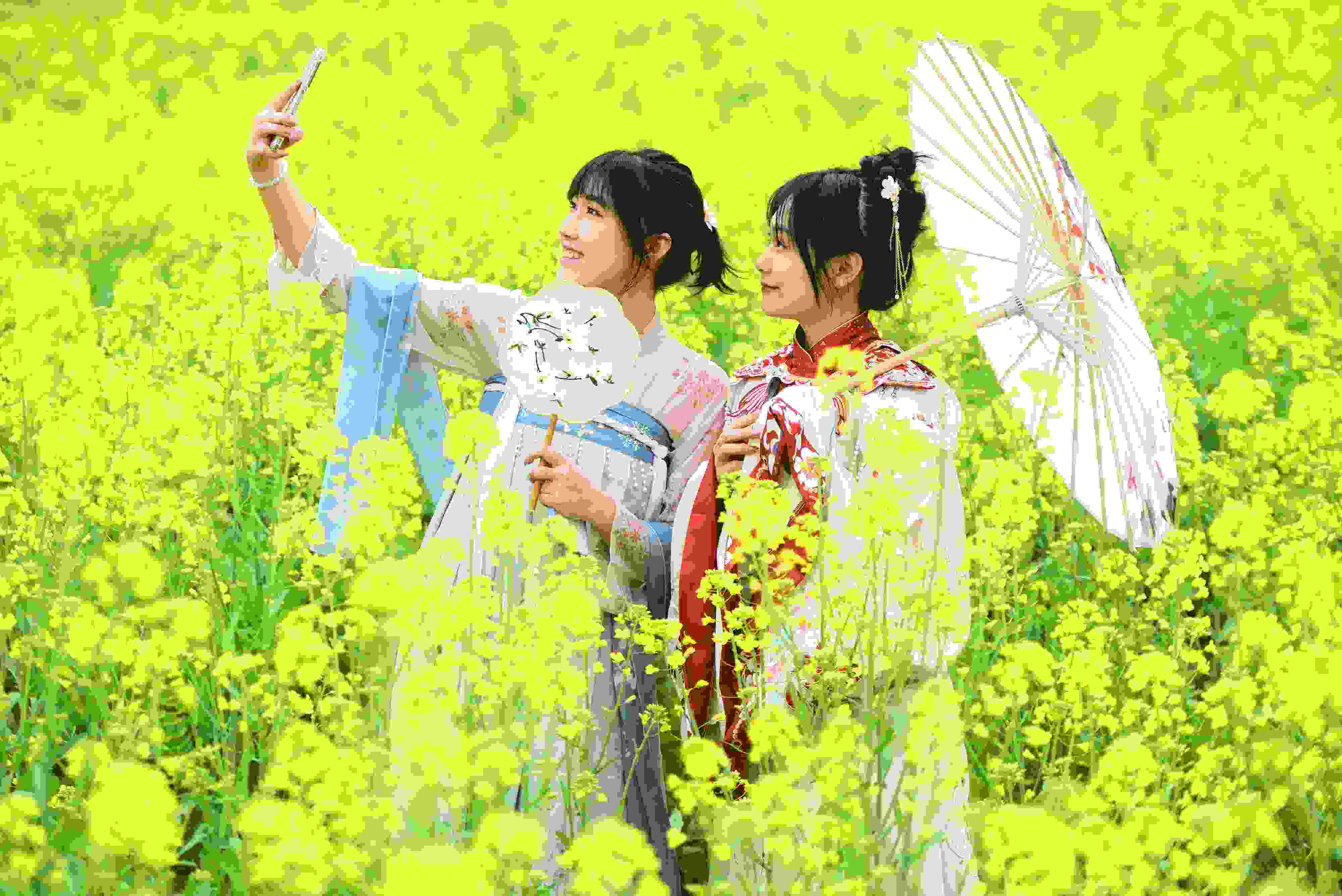 △ 2024年2月16日，廣西賀州，在富川瑤族自治縣麥嶺鎮(zhèn)三民村，游客在油菜花田間賞花拍照。