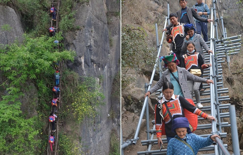 “懸崖村”今昔對比：左圖為2016年5月14日，“懸崖村”的孩子們攀爬木梯回家。右圖為2020年5月13日，“懸崖村”村民帶著行李通過鋼梯下山，搬遷至易地扶貧集中安置點的新家。