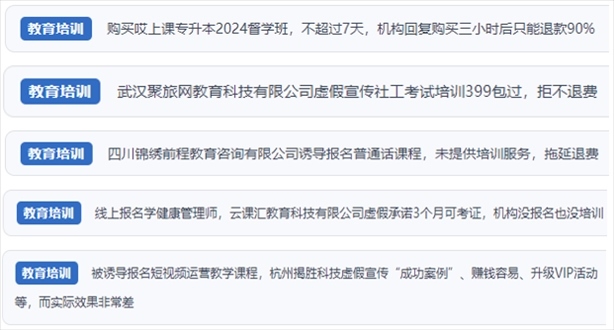 “人民投訴”用戶舉報(bào)機(jī)構(gòu)虛假宣傳包過包拿證、虛假承諾收益效果、課程服務(wù)貨不對(duì)板、退款難等在線教培亂象。（“人民投訴”平臺(tái)截圖）