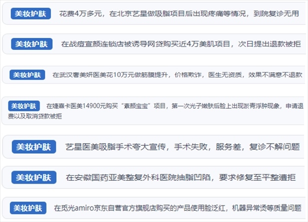 “人民投訴”用戶舉報(bào)醫(yī)美未達(dá)預(yù)期效果或?qū)е律眢w損傷退款遭拒、機(jī)構(gòu)及服務(wù)人員虛假資質(zhì)、被誘導(dǎo)高額醫(yī)美貸、網(wǎng)購美容儀器質(zhì)量不過關(guān)等問題。（“人民投訴”平臺(tái)截圖）