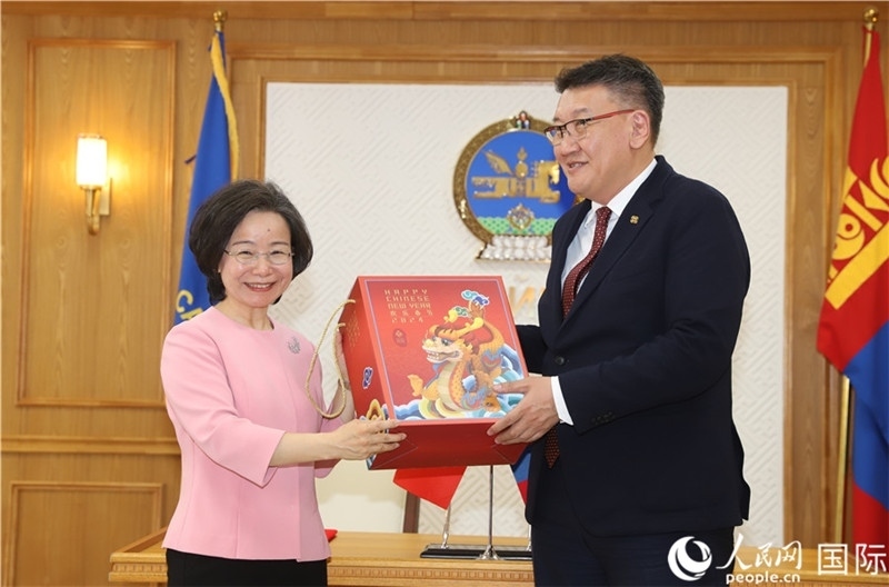 沈大使向扎布赫楞部長贈送吉祥龍。人民網(wǎng)記者 霍文攝