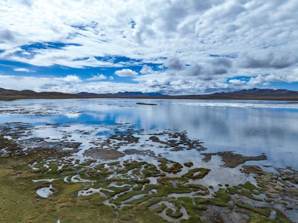 這是2024年5月26日在長江源頭地區(qū)拍攝的班德湖一角（無人機照片）。新華社記者 張龍 攝