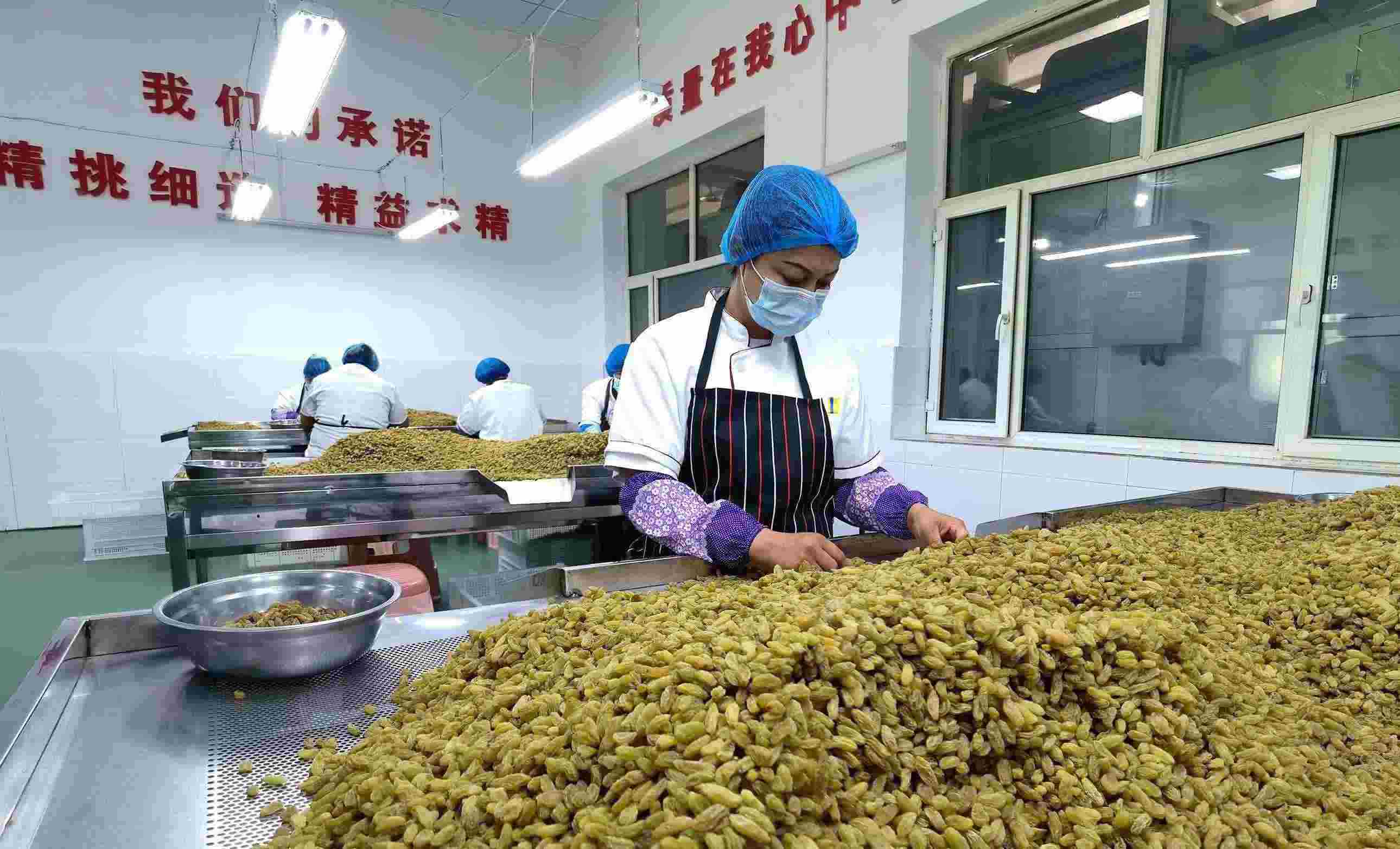 新疆吐魯番市高昌區(qū)亞爾鎮(zhèn)新城西門村，村民們在分揀葡萄干。