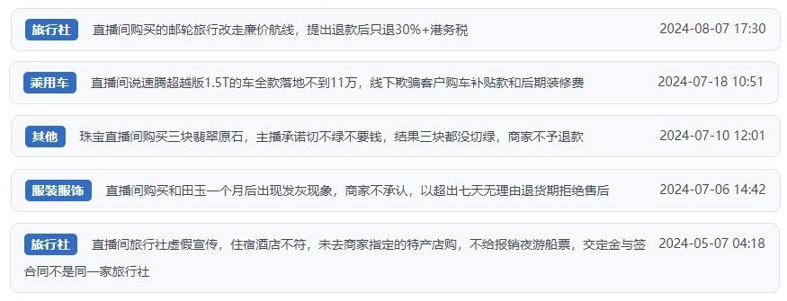 近期網(wǎng)友涉及直播購物相關(guān)投訴問題。（“人民投訴”用戶投訴截圖）