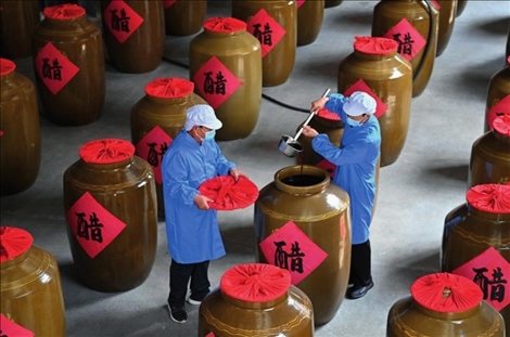 工作人員在山西省長治市平順縣龍溪鎮(zhèn)龍鎮(zhèn)村農旅產(chǎn)業(yè)融合發(fā)展示范園內查看醋的成色（2024 年 5 月 10 日攝）楊晨光攝 / 本刊