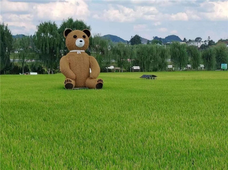 稻穗搖曳，垂柳依依，山嵐多姿，好一幅歲月靜好山鄉(xiāng)恬靜圖。這憨厚俏皮的熊玩偶造型，像是亂入其中，形成現(xiàn)代與傳統(tǒng)、好動與寧靜的反差感，讓人過目不忘，也讓人莞爾一笑。（哈薩克斯坦鳳凰24新聞社總編輯兼首席執(zhí)行官克馬爾·馬山羅攝）