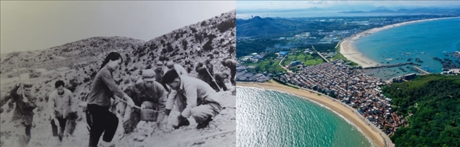 拼版照片：左圖為東山縣群眾在荒山上種植樹苗（資料照片）；右圖為2020年6月18日拍攝的東山縣陳城鎮(zhèn)澳角村附近風(fēng)光（無人機(jī)照片，新華社記者 姜克紅 攝）。