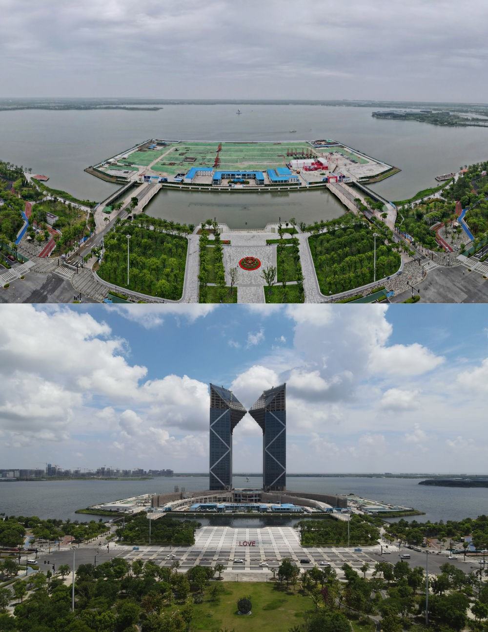 拼版照片：空中俯瞰中國（上海）自由貿(mào)易試驗區(qū)臨港新片區(qū)滴水湖西島中銀金融中心項目現(xiàn)場（上圖為2021年6月20日攝，無人機(jī)照片；下圖為2024年8月14日攝，無人機(jī)照片）。2019年8月20日，臨港新片區(qū)揭牌成立，一個開放新高地在長江與東海交匯處日益崛起。
