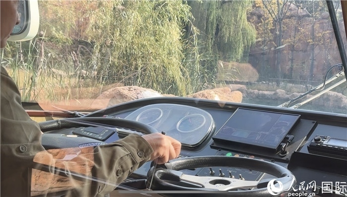 鄭州銀基動(dòng)物王國水陸兩棲觀光車駕駛室。人民網(wǎng) 謝瑩攝