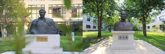 △左圖為中央黨校（國家行政學院）校園內(nèi)的焦裕祿雕塑，右圖為校園內(nèi)的谷文昌雕塑。
