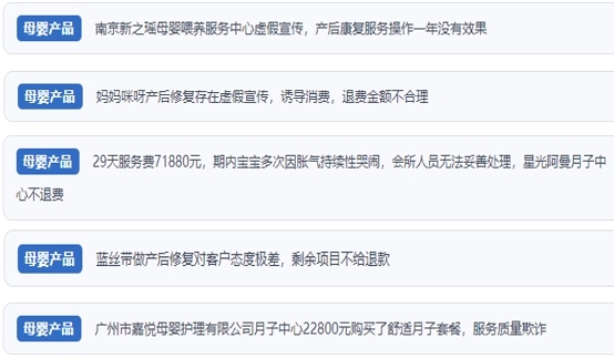 網友涉及產后康復保健消費糾紛的相關投訴問題。（“人民投訴”用戶投訴截圖）