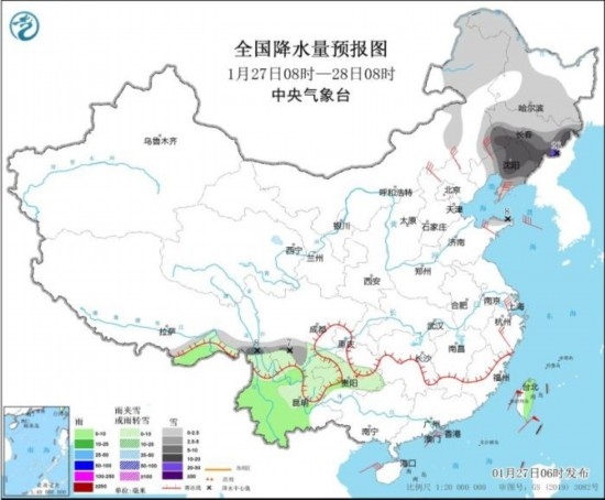 全國降水量預(yù)報(bào)圖(1月27日08時(shí)-28日08時(shí)) 圖片來源：中央氣象臺(tái)網(wǎng)站