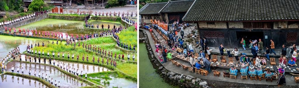 左圖：近期，人們在黎平縣肇興侗寨的田園里演唱侗族大歌（黎平縣委宣傳部供圖）；右圖：這是2023年拍攝的十八洞村長桌宴（湘西州委宣傳部供圖）。