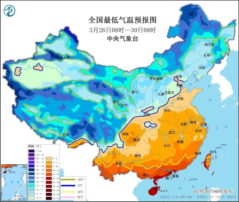 全國最低氣溫預(yù)報(bào)圖（3月26日08時(shí)-3月30日08時(shí)）