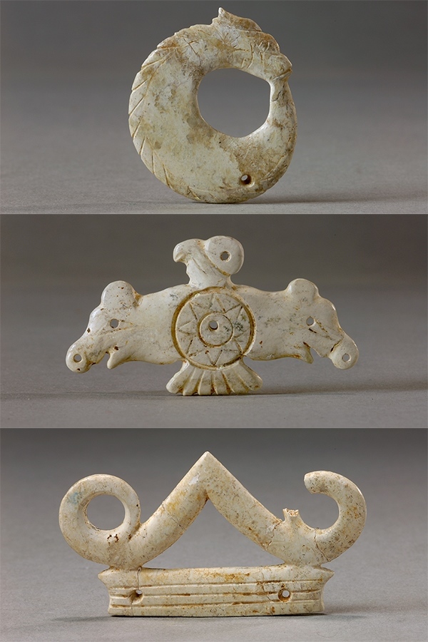 玉龍（上）、玉鷹（中）和玉冠飾（下）。國家文物局供圖