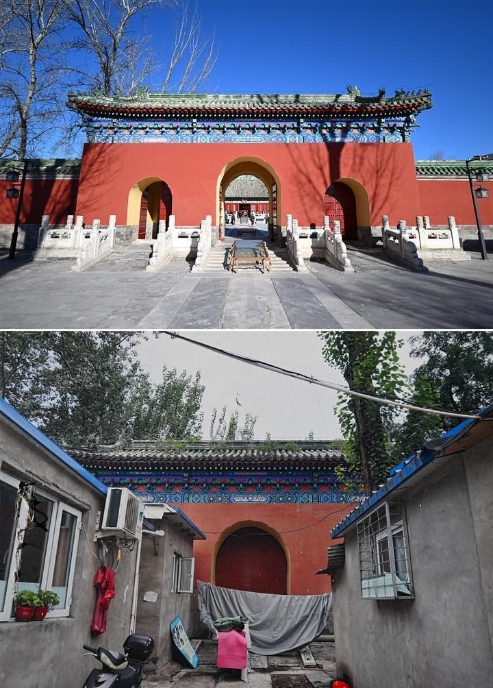 位于先農(nóng)壇內(nèi)的慶成宮，曾長時間被雜亂的民居占據(jù)。在北京中軸線申遺保護工作的帶動下，北京完成了慶成宮區(qū)域文物征收騰退、非文物建筑拆除、彩畫保護、本體修繕、展覽布陳等，讓560多年歷史的古建群重新回歸。2024年12月，北京中軸線上先農(nóng)壇內(nèi)的慶成宮首次面向社會公眾開放。上圖為騰退修繕后的慶成宮內(nèi)宮門（資料照片）；下圖為翻拍的慶成宮內(nèi)宮門騰退修繕前的資料照片（2024年12月21日攝）。